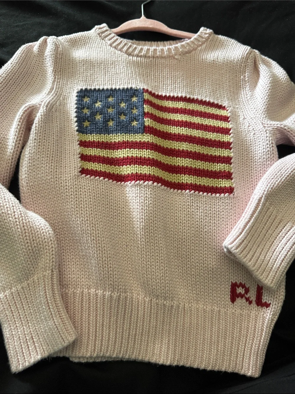 Little girls Ralph Lauren Light Pink Flag Intarsia Crewneck Sweater